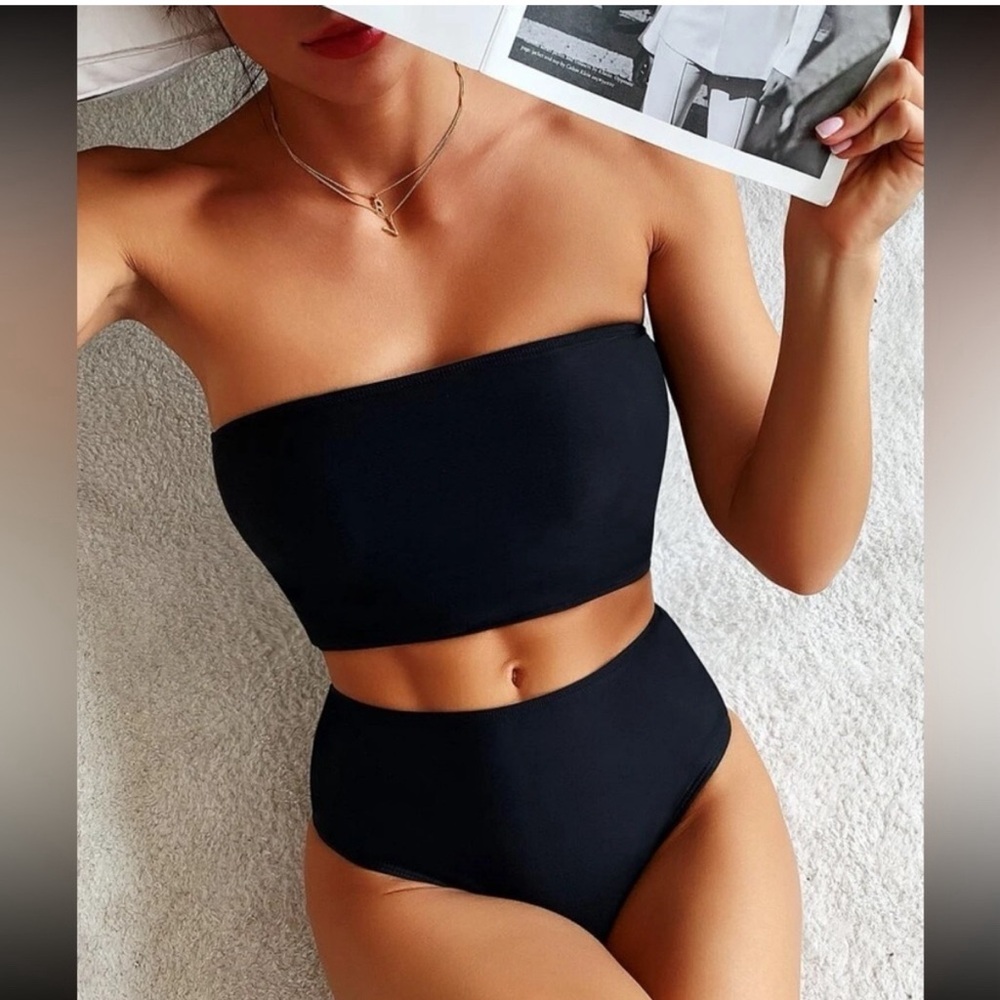 Solid Black Bandeau High Waisted Bikini Swimsuit New M